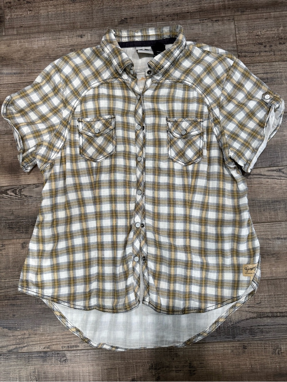 Harley-Davidson White and Mustard Plaid Short Sleeve Button-Down Shirt